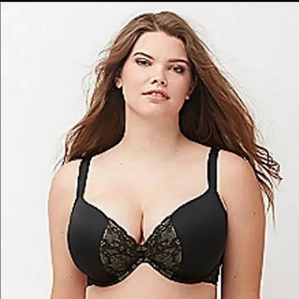 Cacique Quarterly Lace Plunge Bra Satin & Black Lace Overlay on Beige Size 38D